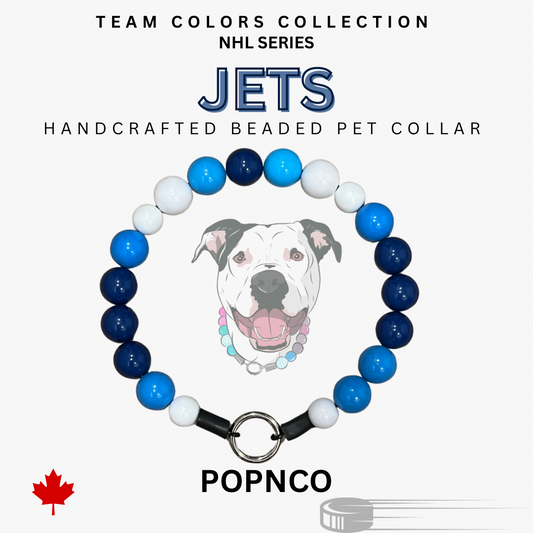 A beaded pet collar with white, light blue, and royal blue beads, featuring a team colors collection inspired by the Jets, with a pit bull dog picture in the center, and the text 'HANDCRAFTED BEADED PET COLLAR' along with the brand name 'POPNCO'.