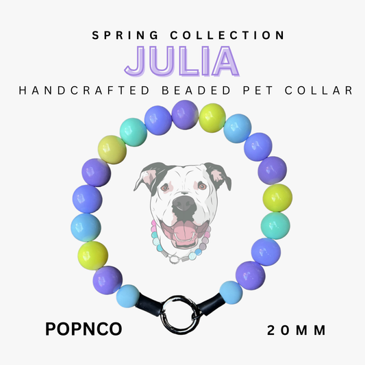 Handcrafted beaded pet collar with colorful beads and a dog's face on a white background