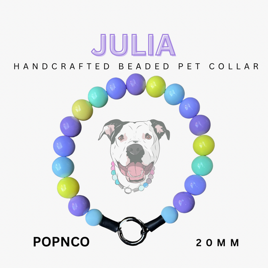 Handcrafted beaded pet collar with colorful beads and a dog's face on a white background
