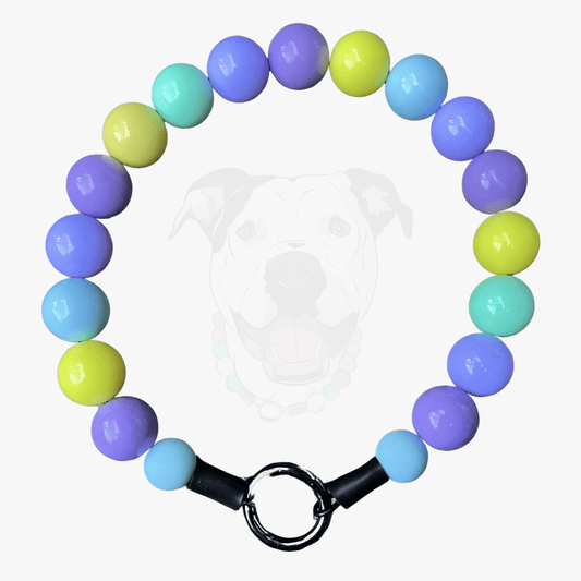 Julia beaded pet Collar crafted on aircraft grade stainless steel wire featuring pastel purple, yellow, blue and green acrylic solid beads. 