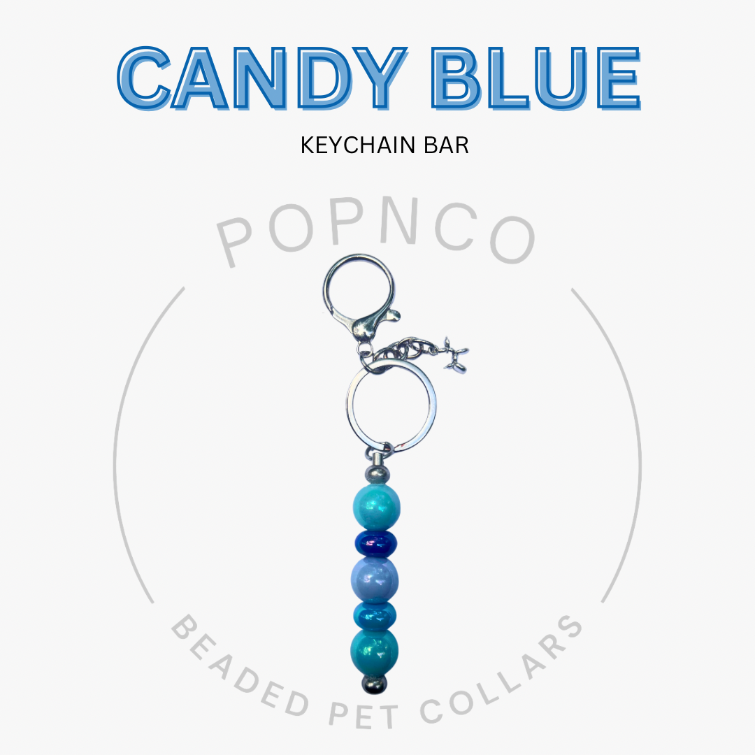 Blue beaded keychain bar with 'Candy Blue' text on a white background