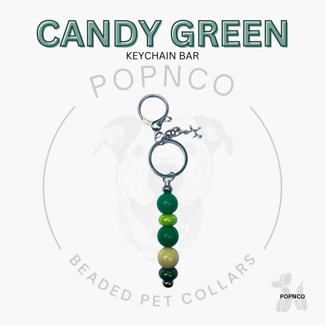 Beaded keychain bar with green beads on a white background, featuring the brand 'POPNCO'.
