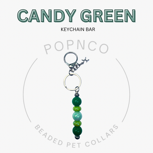 Green beaded keychain bar with 'Candy Green' text and 'Popnco' branding on a white background.