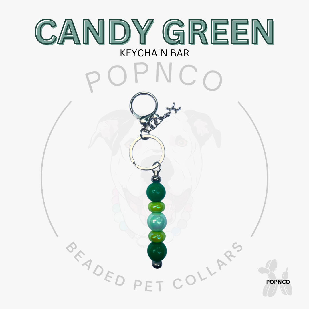 Green beaded keychain bar with 'Candy Green' text on a white background