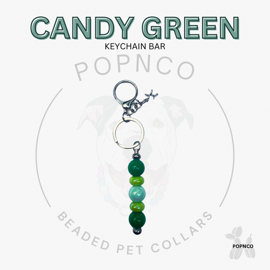 Green beaded keychain bar with 'Candy Green' text on a white background