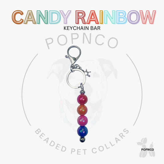 Candy rainbow keychain bar with colorful beads on a white background, featuring the Popnco brand.