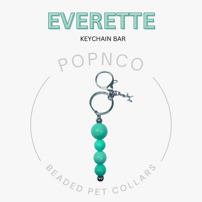 Turquoise beaded keychain bar with 'Everette' and 'Popnco' branding on a white background POPNCO