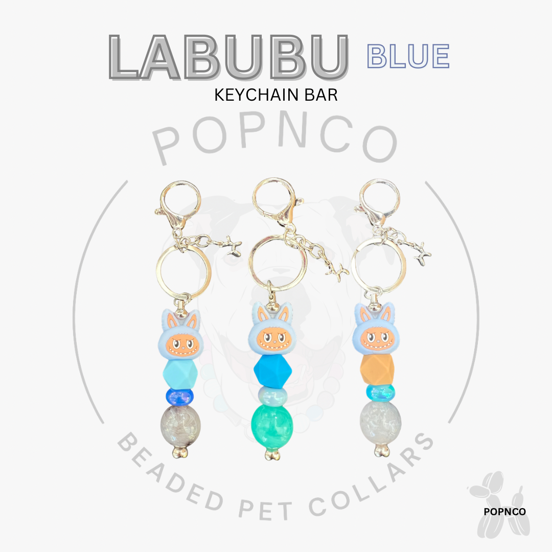 Blue beaded pet collars with keychain attachments on a white background, featuring the Labubu brand.