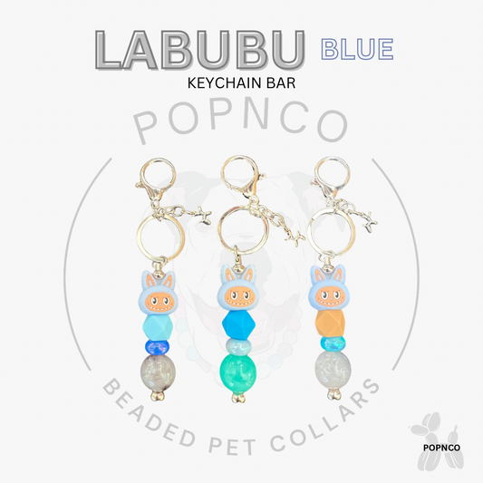 Blue beaded pet collars with keychain attachments on a white background, featuring the Labubu brand.