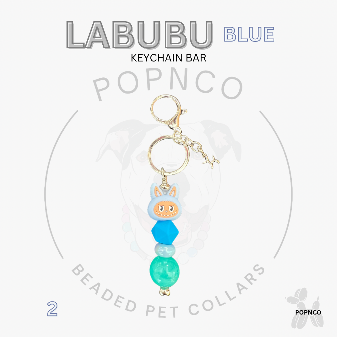 Labubu Blue keychain bar with a beaded pet collar on a white background