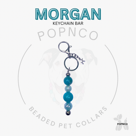 Keychain bar with blue beads on a white background, featuring the brand 'Morgan' and 'POPNCO'.