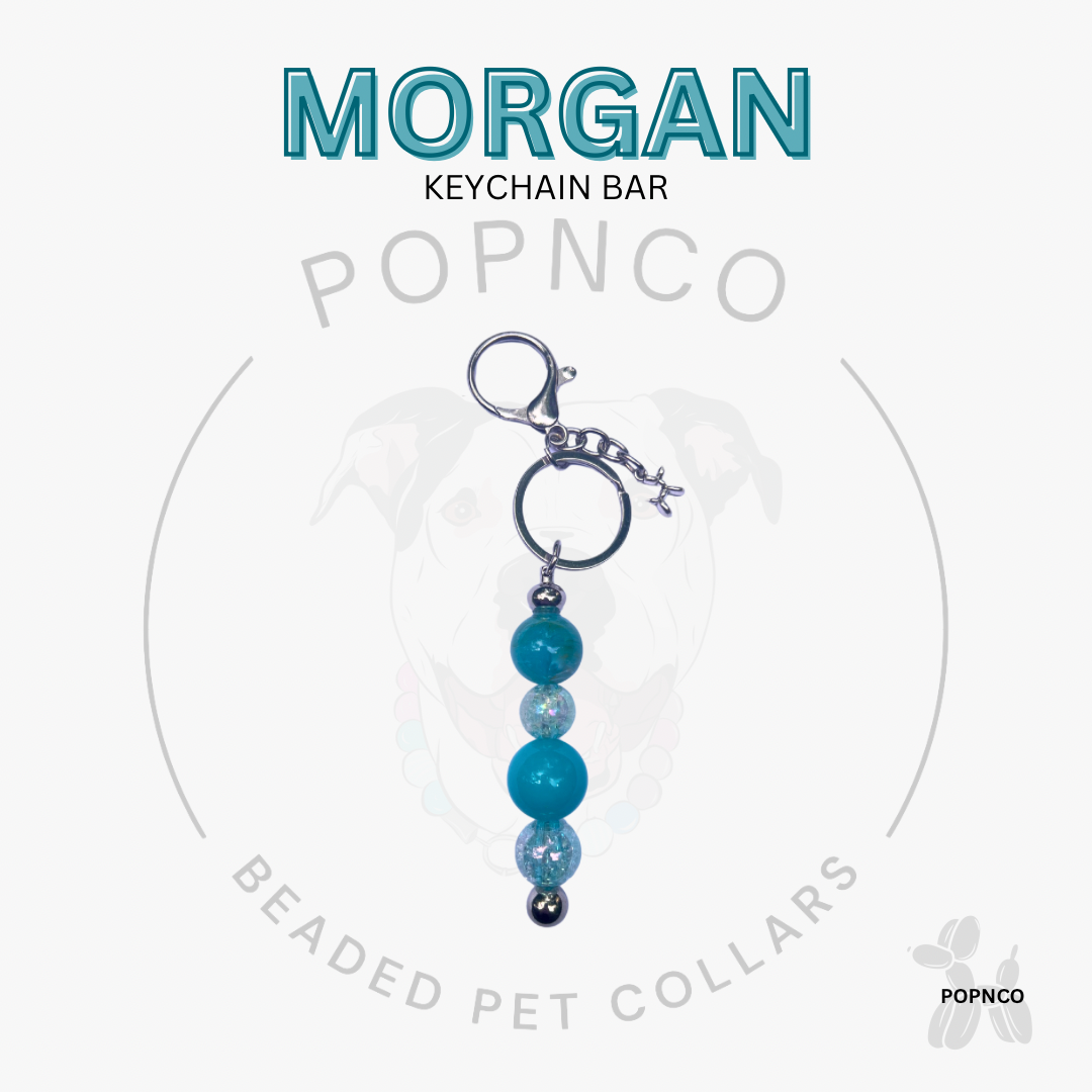 Keychain bar with blue beads on a white background, featuring the brand 'Morgan' and 'POPNCO'. POPNCO