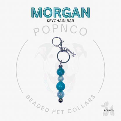 Keychain bar with blue beads on a white background, featuring the brand 'Morgan' and 'POPNCO'. POPNCO