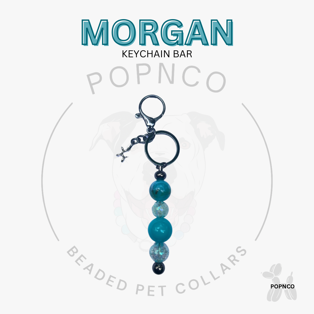 Beaded keychain bar with blue beads on a white background, featuring the brand 'Popnco'. POPNCO