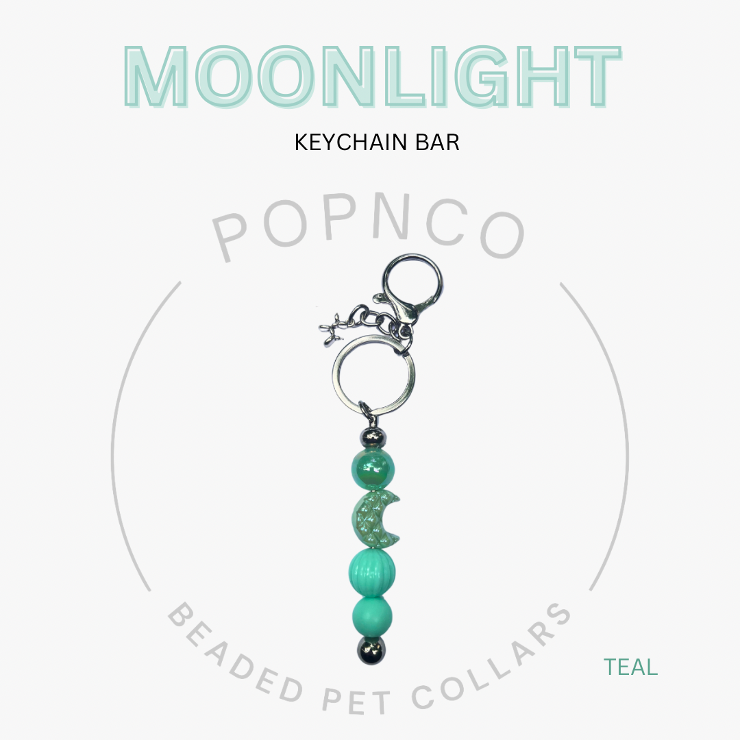 Teal beaded keychain bar with 'Moonlight' text on a white background
