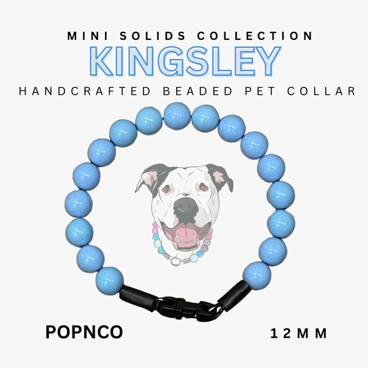 Handcrafted beaded pet collar with blue beads and black clasp, featuring a dog illustration on a white background.