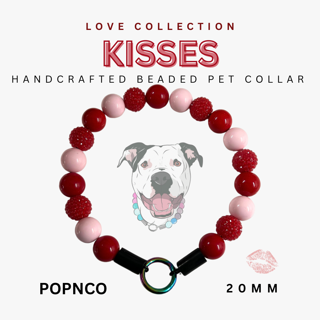 Handcrafted beaded pet collar with red, pink, and black beads on a white background, featuring the brand 'POPNCO'.