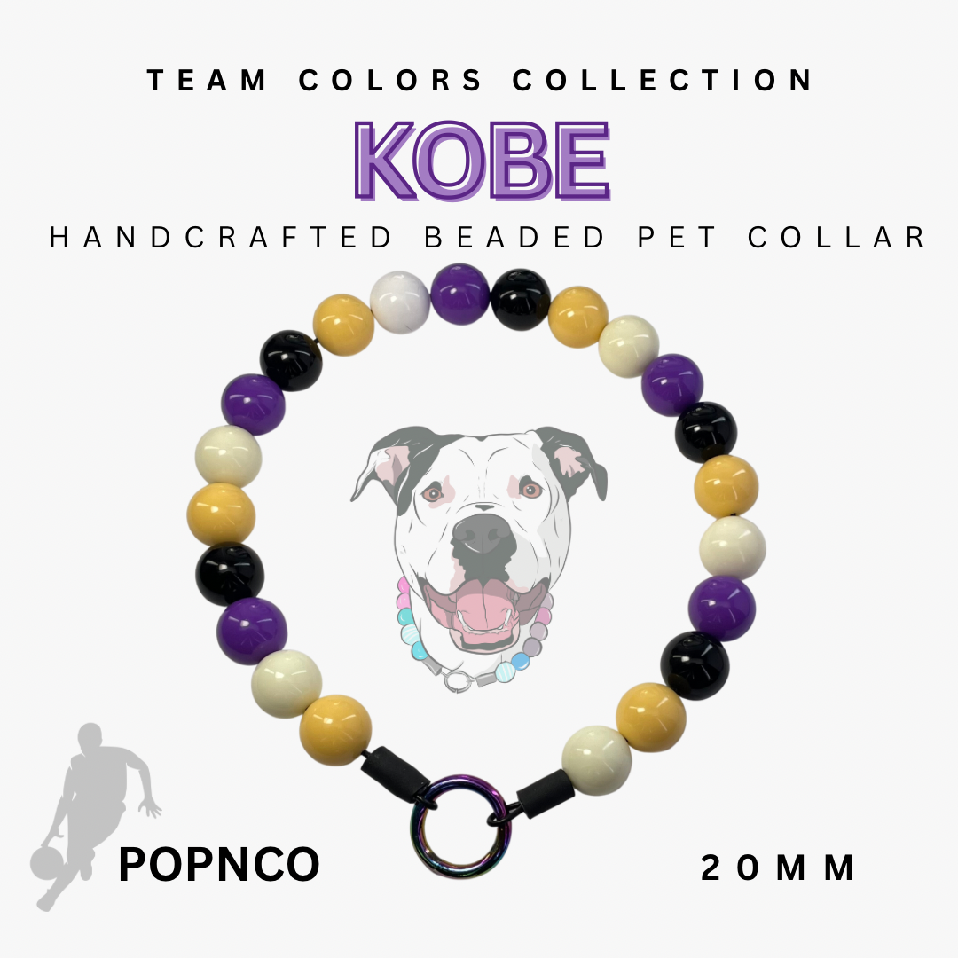 Handcrafted beaded pet collar with colorful beads and a dog illustration, branded 'Kobe' and 'Popnco'.
