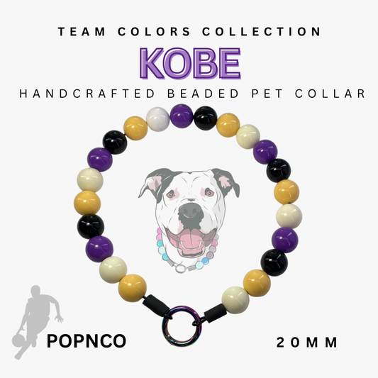 Handcrafted beaded pet collar with colorful beads and a dog illustration, branded 'Kobe' and 'Popnco'.