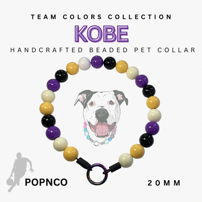 Handcrafted beaded pet collar with colorful beads and a dog illustration, branded 'Kobe' and 'Popnco'. POPNCO