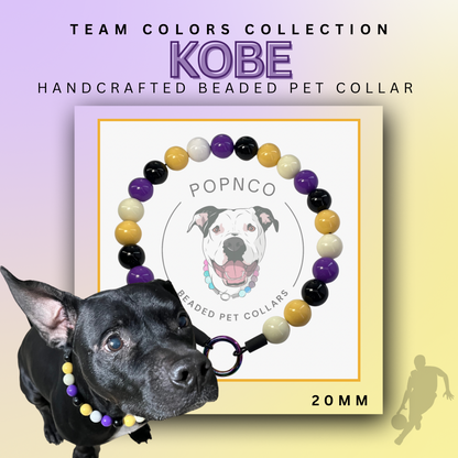 Handcrafted beaded pet collar with 'Kobe' branding, featuring a dog and Popnco logo featuring the Kobe Beaded Pet collar Team Colors Game Day Collection, featuring light yellow, purple, white and black solid acrylic beads in alternating pattern from POPNCO