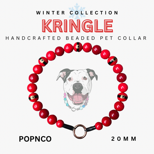 Handcrafted beaded pet collar with red beads and black accents, featuring the brand 'Kringlé'.