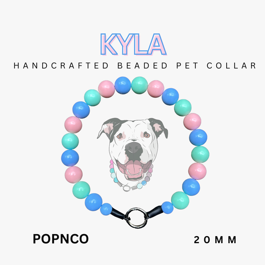 Handcrafted beaded pet collar with colorful beads and a dog illustration on a white background.