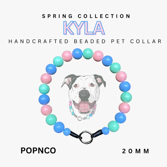 Colorful beaded pet collar with a dog's face on a white background, labeled 'Kyla' and 'Popnco'.