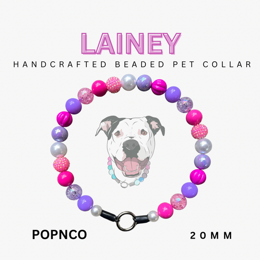 Handcrafted beaded pet collar with colorful beads and a dog illustration on a white background.