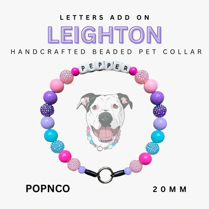 Handcrafted beaded pet collar with colorful beads and a dog's face on a white background