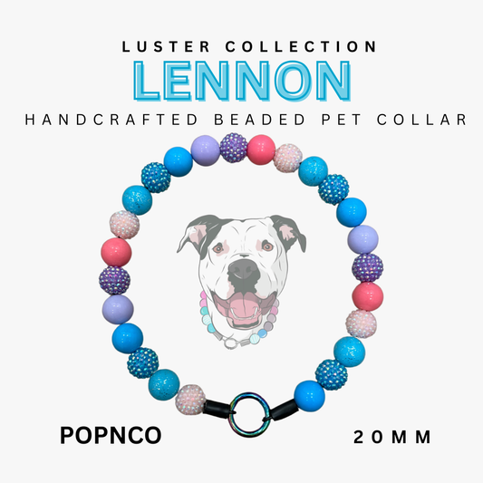 Handcrafted beaded pet collar with colorful beads and a dog illustration, branded 'Luster Collection Lennon'.