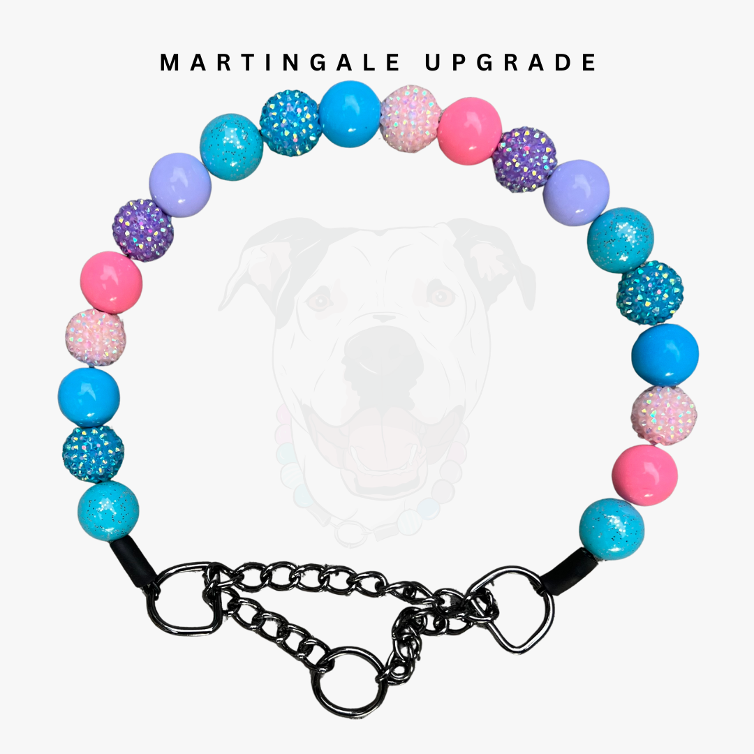 Colorful beaded martingale dog collar with a clear background
