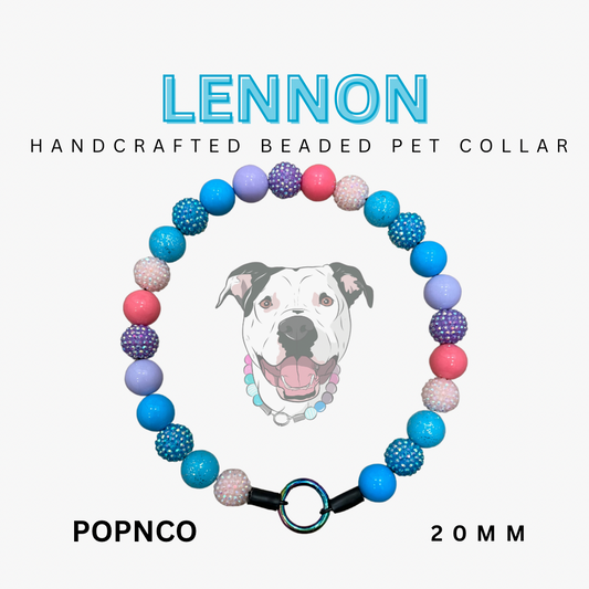 Handcrafted beaded pet collar with colorful beads and a dog illustration on a white background.