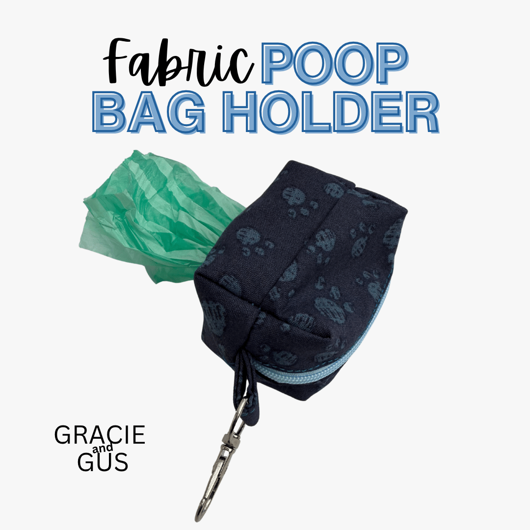 A fabric poop bag holder pouch in dark navy with a subtle paw print pattern, shown with a green plastic bag protruding from the opening and a silver clasp. Large text at the top reads 'Fabric POOP BAG HOLDER' and 'GRACIE and GUS' appears at bottom left on a light gray background.