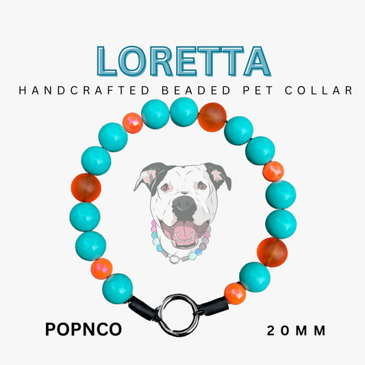 Handcrafted beaded pet collar with colorful beads and a dog illustration on a white background.
