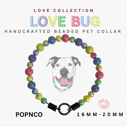 Handcrafted beaded pet collar with colorful beads and a dog illustration on a white background.