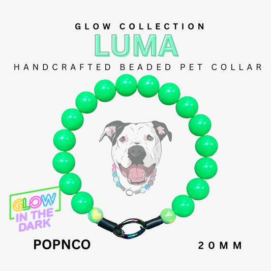 Green beaded pet collar with 'Luma' branding and 'Glow Collection' text on a white background.