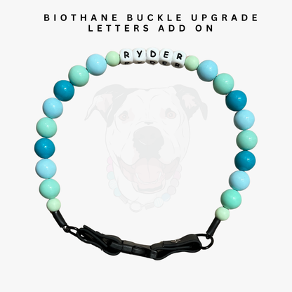 Turquoise beaded bracelet with a biothane buckle and customizable letters on a white background. POPNCO beaded collar, Beaded dog collar, blue dog collar, Breathable dog collar, cat collar, Collar for sensitive skin dogs, Comfortable Dog Collar, dog collar, Durable dog collar, Easy to clean dog collar, fashion collar, handmade, Pet accessories, pet collar, Popnco dog collar, slip on collar, Slip on dog collar, Stylish dog collar