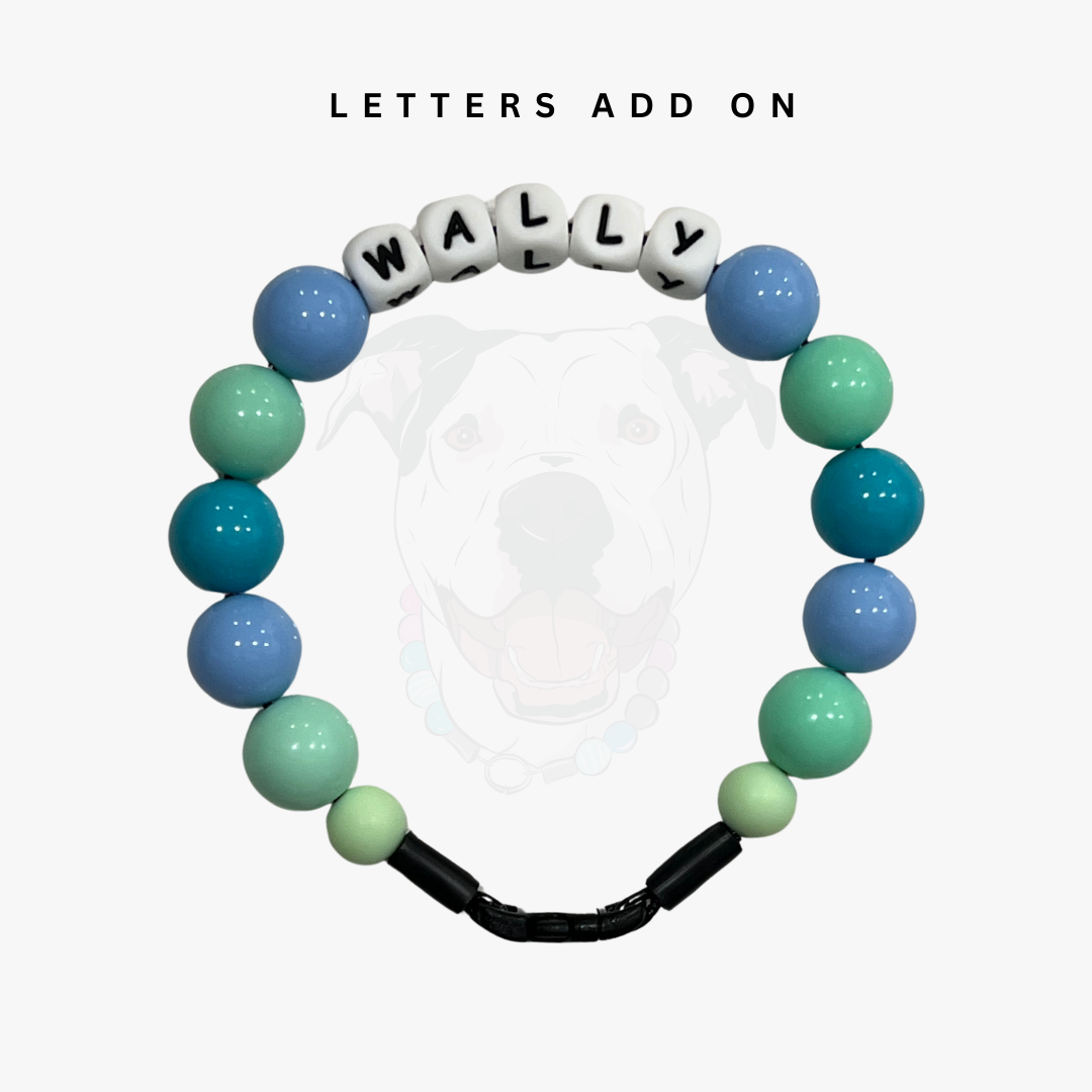 Bracelet with colorful beads and customizable letters on a white background POPNCO beaded collar, Beaded dog collar, blue dog collar, Breathable dog collar, cat collar, Collar for sensitive skin dogs, Comfortable Dog Collar, dog collar, Durable dog collar, Easy to clean dog collar, fashion collar, handmade, Pet accessories, pet collar, Popnco dog collar, slip on collar, Slip on dog collar, Stylish dog collar