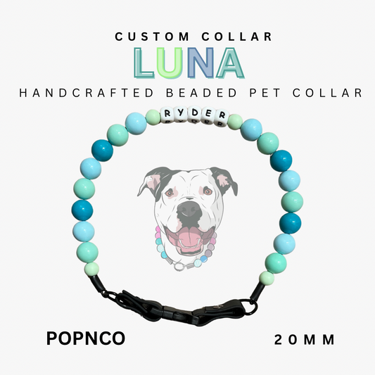 Handcrafted beaded pet collar with a dog illustration and text on a white background