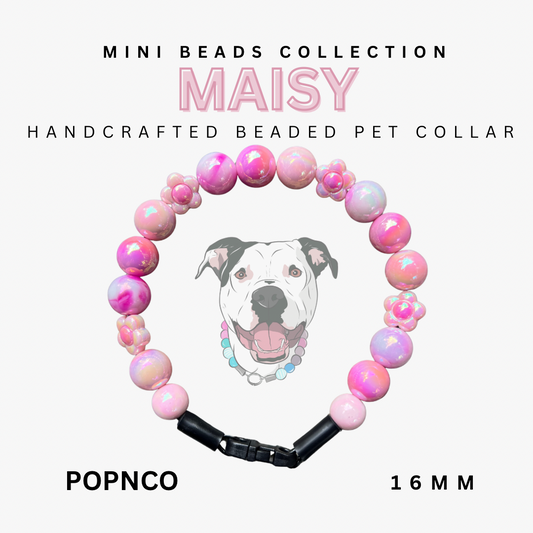 Handcrafted beaded pet collar with 'MAISY' branding on a white background
