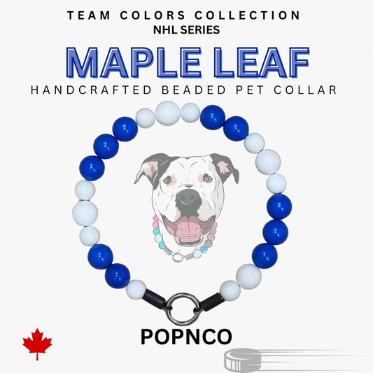 A handcrafted beaded pet collar with blue and white beads, featuring a maple leaf logo and a pitbull dog face in the center.