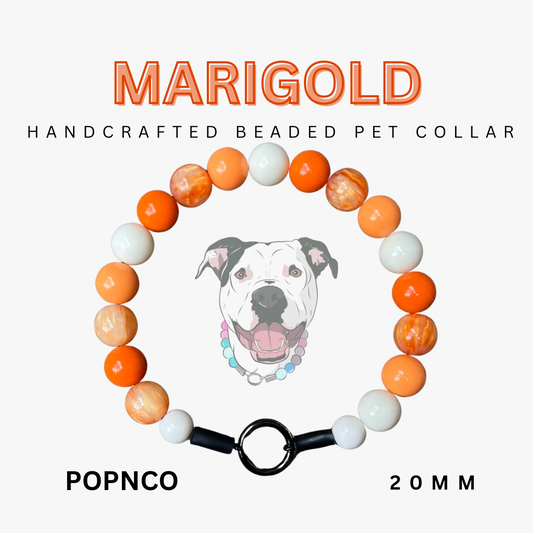 Handcrafted beaded pet collar with orange and white beads, featuring a dog illustration and brand name 'Popnco'.