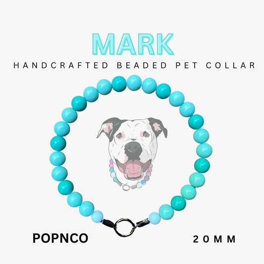 Handcrafted beaded pet collar with turquoise beads and a dog illustration on a white background.