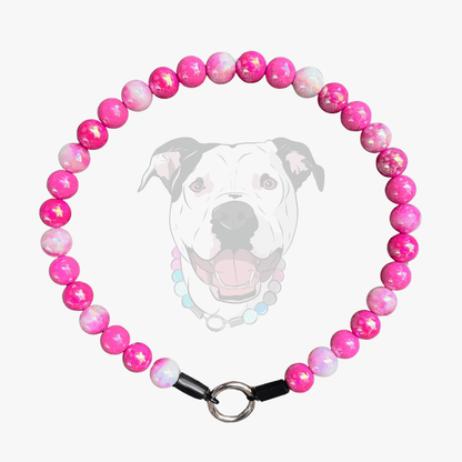 Pink AB Shiney 16mm beaded dog collar named marley from the Candy Shop Collection from POPNCO with a dog's face in the center on a white background