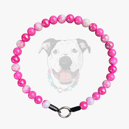 Pink AB Shiney 16mm beaded dog collar named marley from the Candy Shop Collection from POPNCO with a dog's face in the center on a white background
