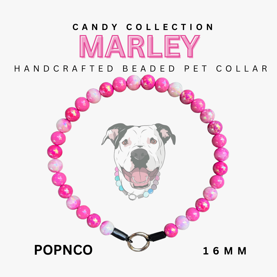Handcrafted beaded pet collar with pink beads and a dog illustration on a white background