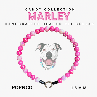 Handcrafted beaded pet collar with pink beads and a dog illustration on a white background