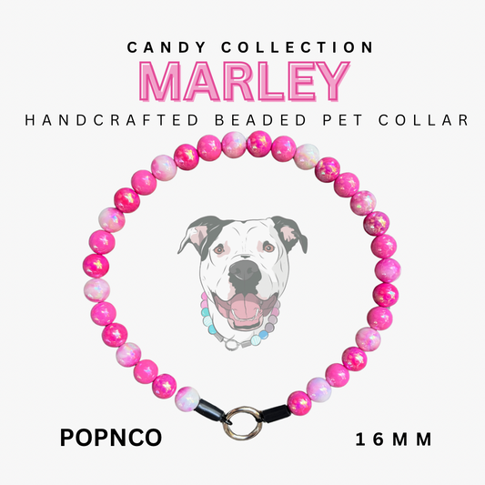 Handcrafted beaded pet collar with pink beads and a dog illustration on a white background