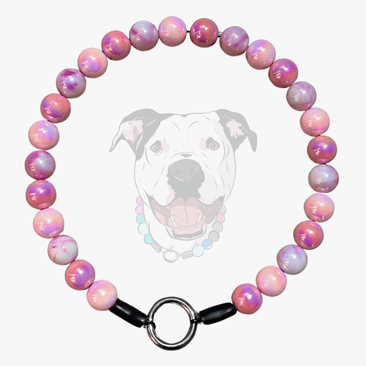 Pink Iridescent 16mm Beaded Pet collar string on aircraft grade stainless steel wire called millie from popnco laying flat on a white background